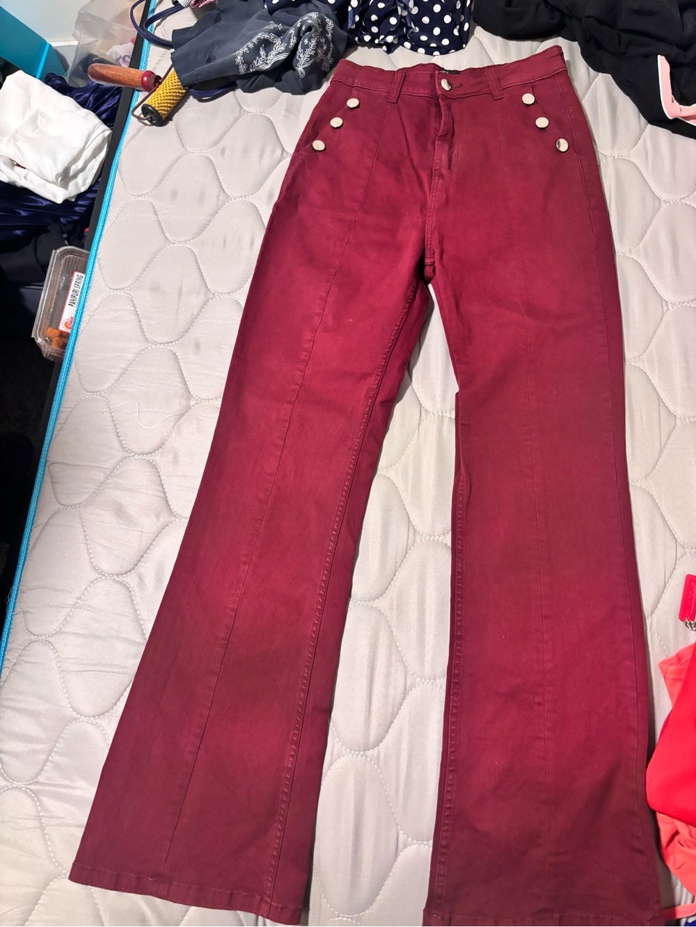 High-Rise Wine Red Boot Cut Pants with Decorative Buttons